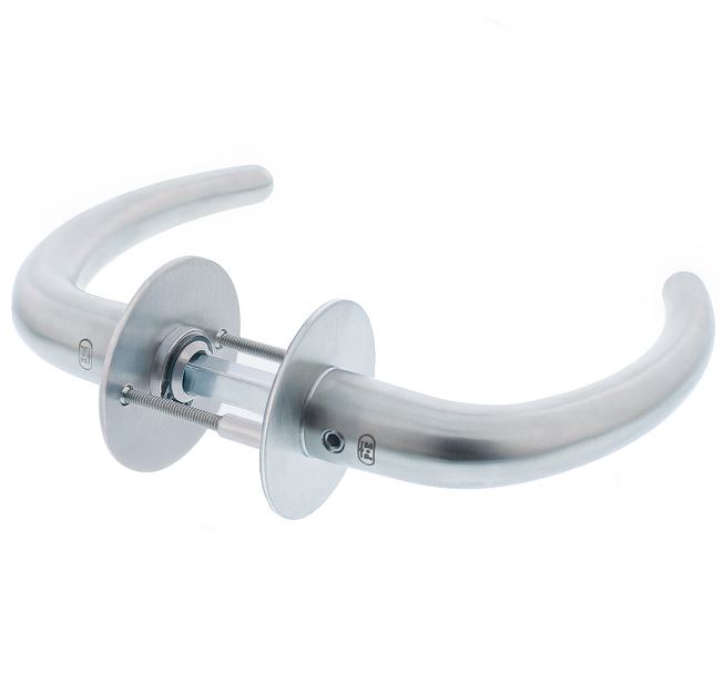 P+E Deurkruk Sabel op ronde rozet 8mm stift rvs geborsteld