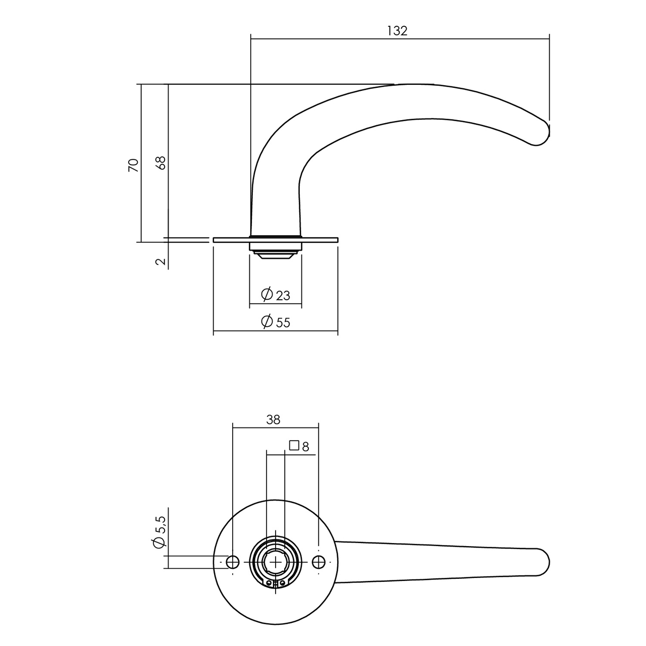 P+E Gatdeel deurkruk Sabel op ronde rozet 8mm stift rvs geborsteld