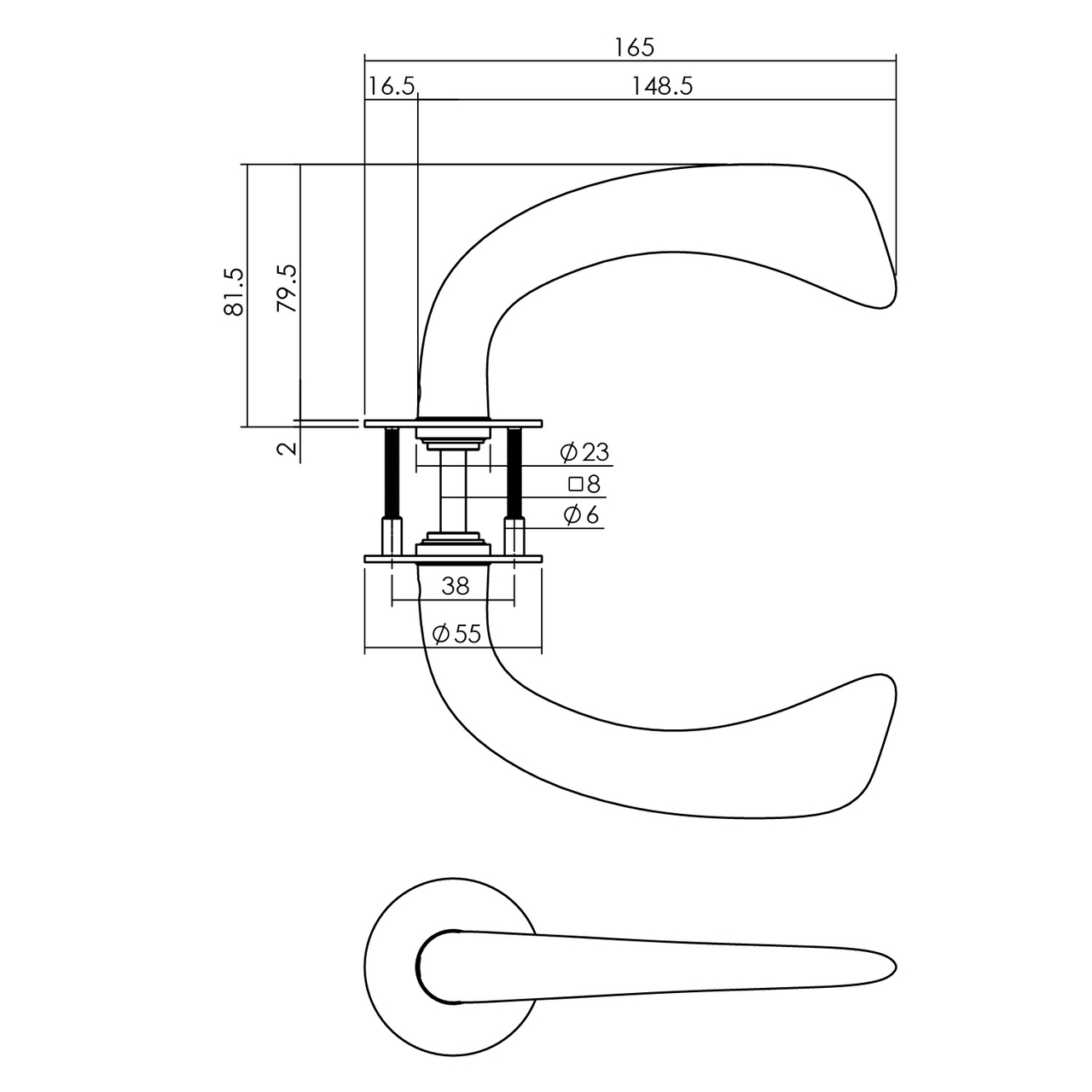 P+E Deurkruk 'Erick' op ronde rozet 8mm stift rvs geborsteld