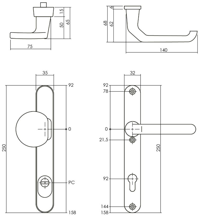 SKG3 smalschilden geveerd greep/kruk verkropt PC 92 mm met kerntrek beveiliging aluminium F1