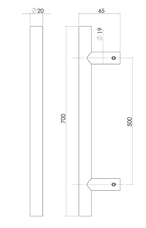 Intersteel deurgreep T-vorm 700x65x20 HoH 500 mm rvs/mat zwart - Afbeelding 3
