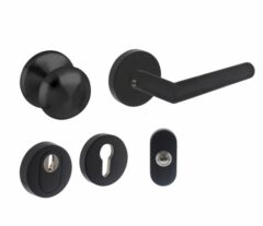 Set voordeurbeslag rond voordeurknop, SKG rozetten, beldrukker en deurkruk/rozet rvs mat zwart