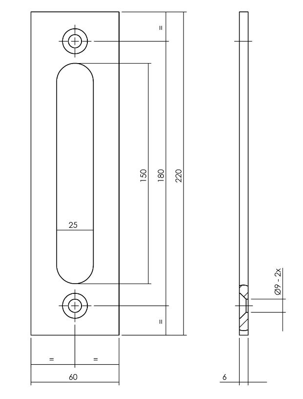Schuifdeurkom opschroevend 220x60x6mm zwart