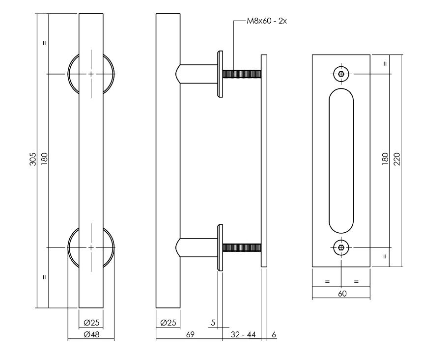 Deurgreep T-vorm ø25x305 mm met schuifdeurkom 220mm x 60mm zwart