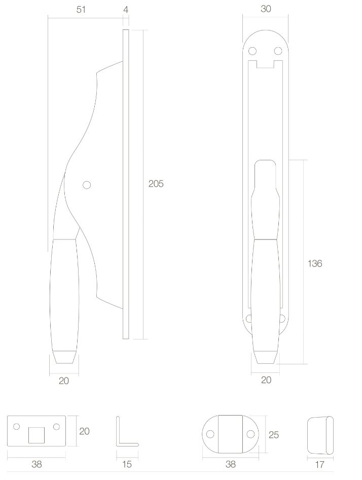 Set pomp-espagnolet Ton 400 inclusief stangenset 2x 1250mm messing ongelakt/ebbenhout