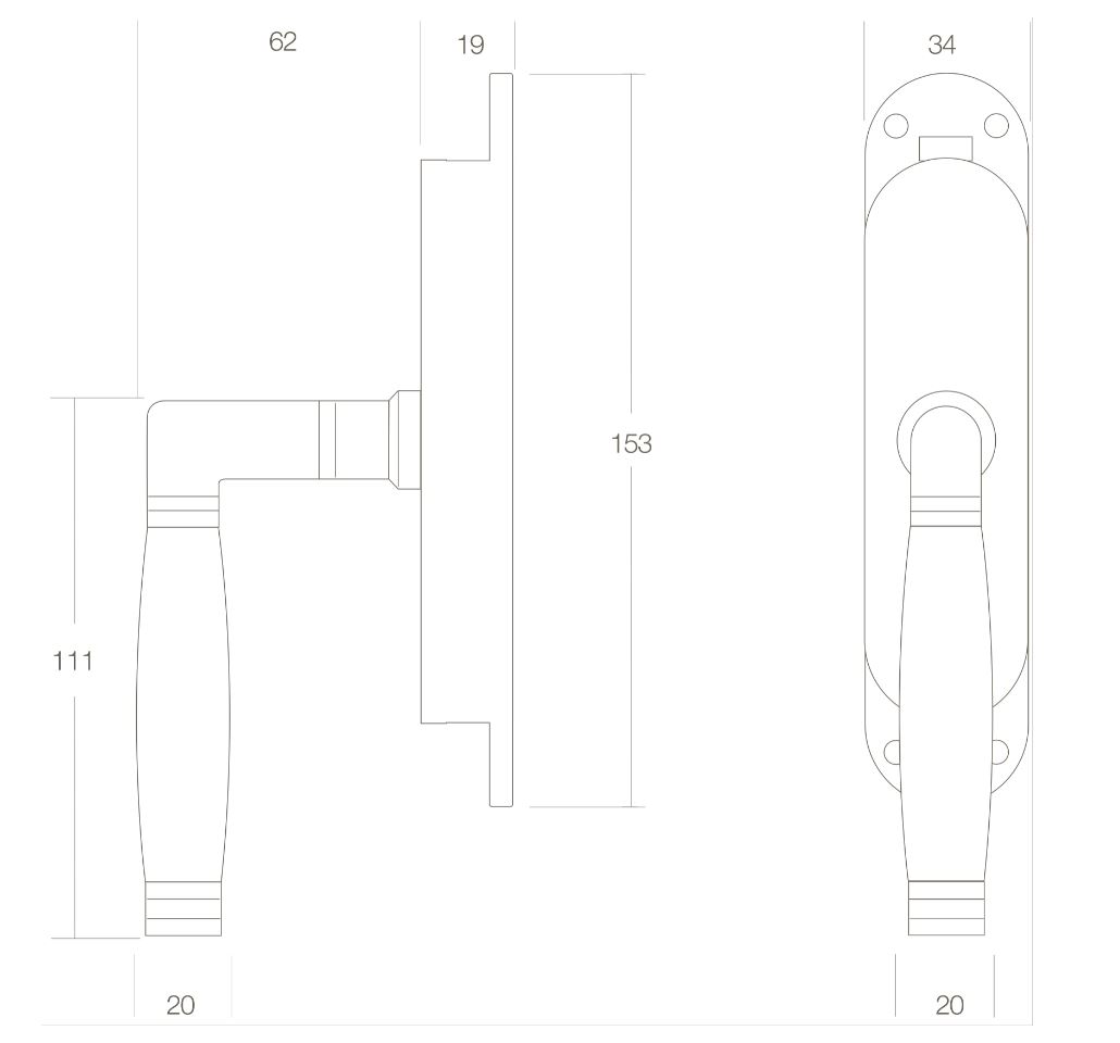 Set kruk-espagnolet links Ton 222 inclusief stangenset 2x 1250mm messing ongelakt /ebbenhout