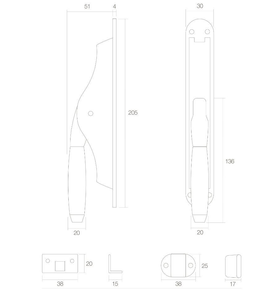 Set pomp-espagnolet Ton 400 inclusief stangenset 2x 1250mm messing gelakt/ebbenhout