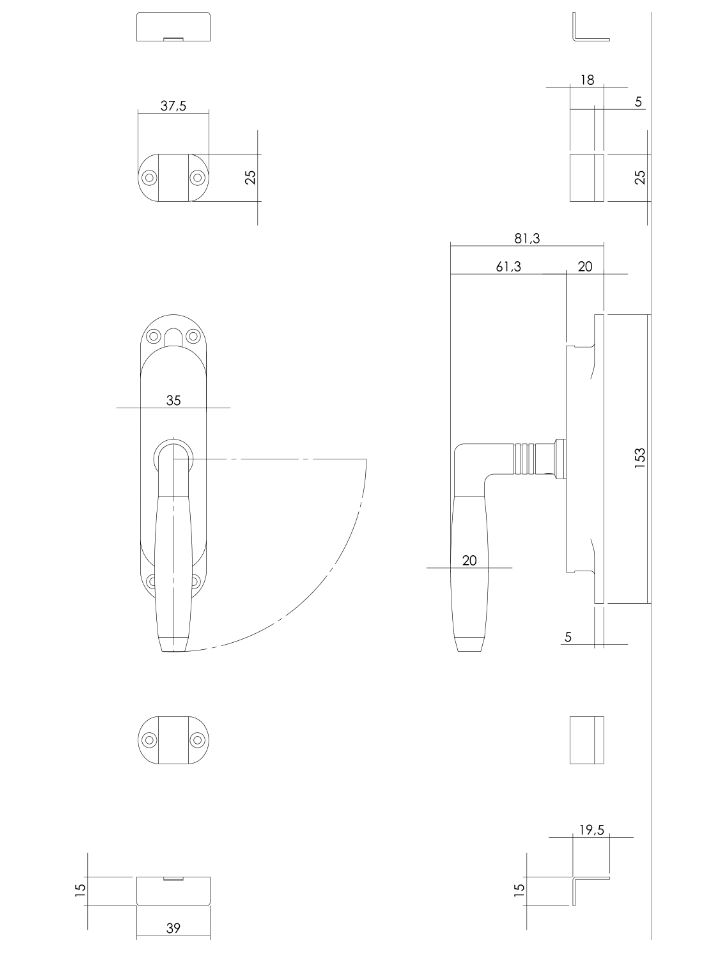 Set kruk-espagnolet rechts Ton 400 inclusief stangenset 2x 1250mm nikkel/ebbenhout