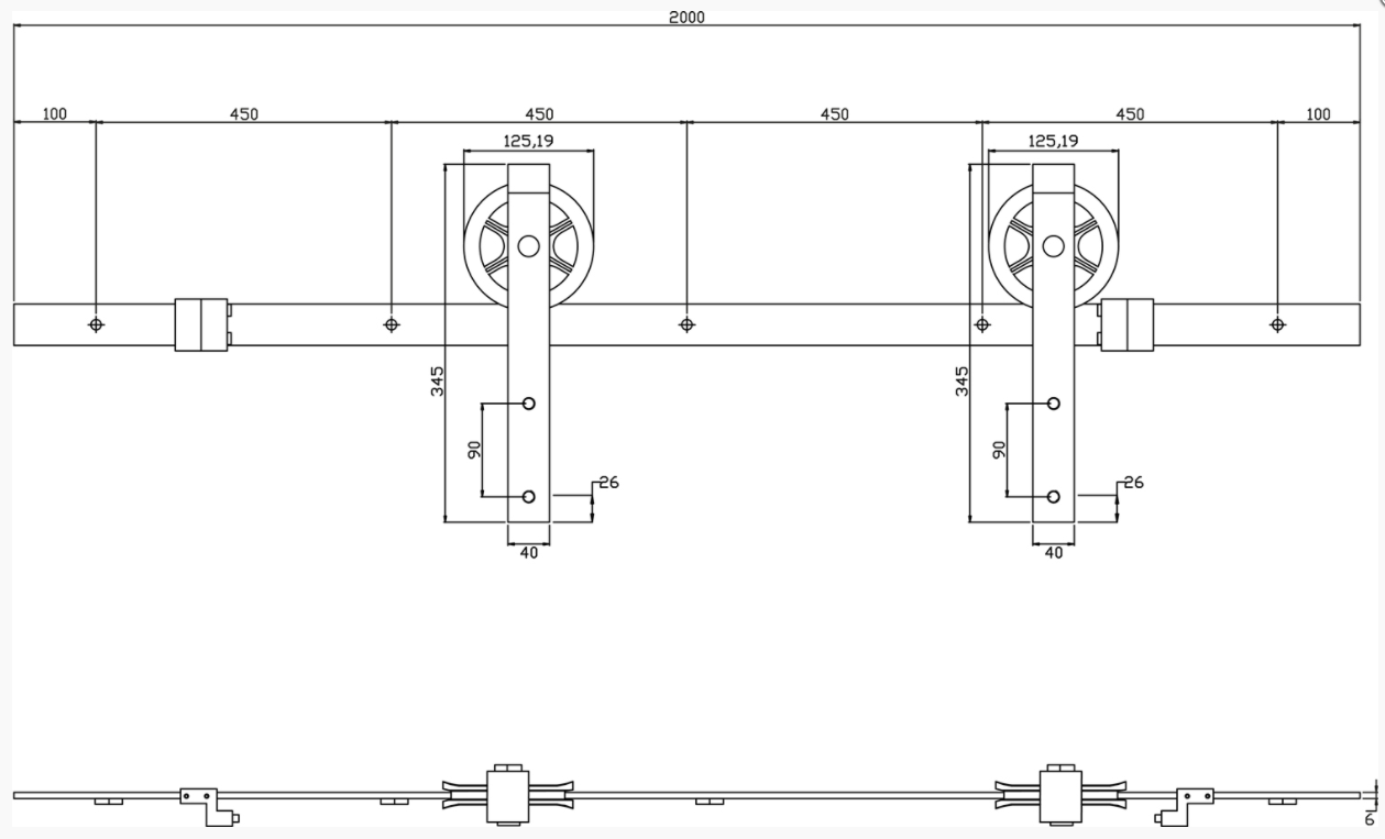 Intersteel Schuifdeur Systeem 2 meter hangrollen met spaakwiel staal mat zwart - Afbeelding 4