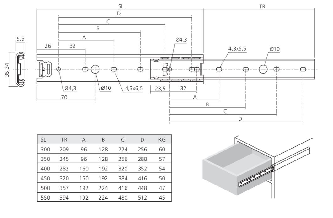 Paar ladegeleiders enkel uittrekbaar RVS 30 cm