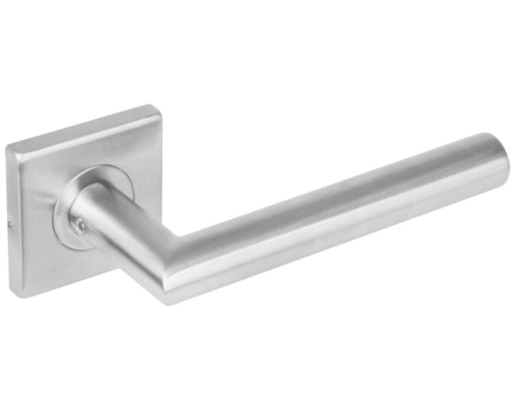 Deurkruk Hoek 90° op vierkant dubbel geveerde rozet RVS