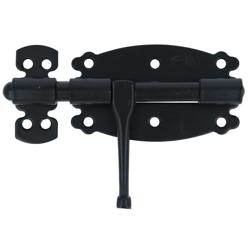 Deurgrendel met ronde schoot sluitlus en sluitplaat zwart gelakt 100x60 mm