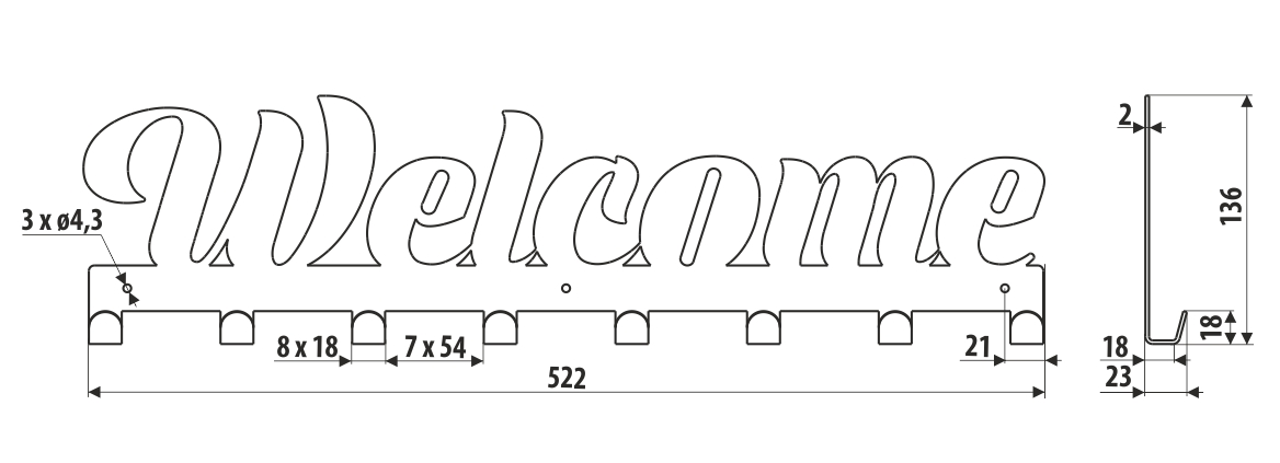 Garderoberek 522x136mm 8 haken zwart