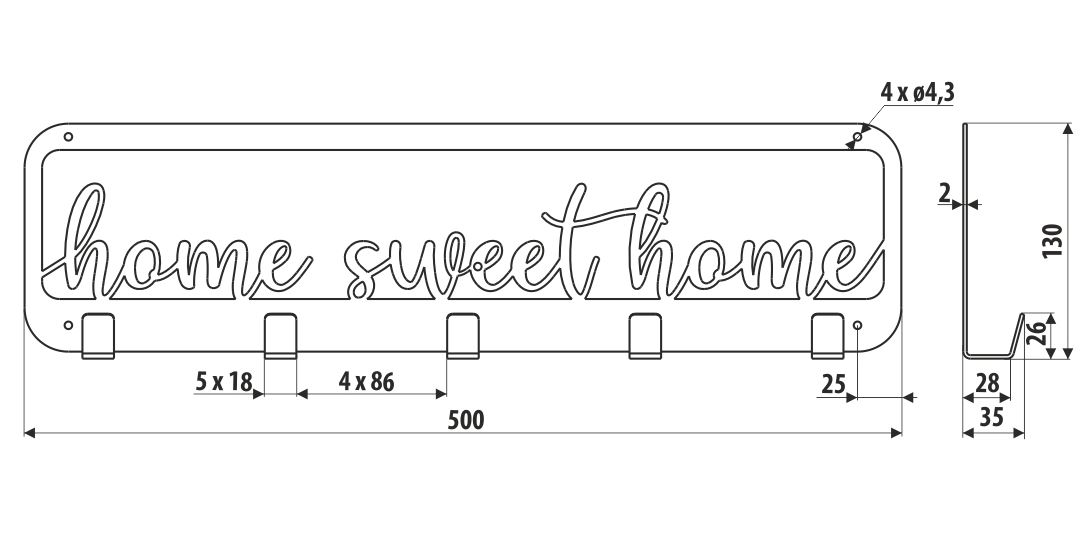 Garderoberek 500x130 mm 5 haken zwart