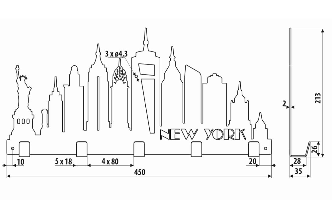 Garderoberek 450x213 mm 5 haken zwart