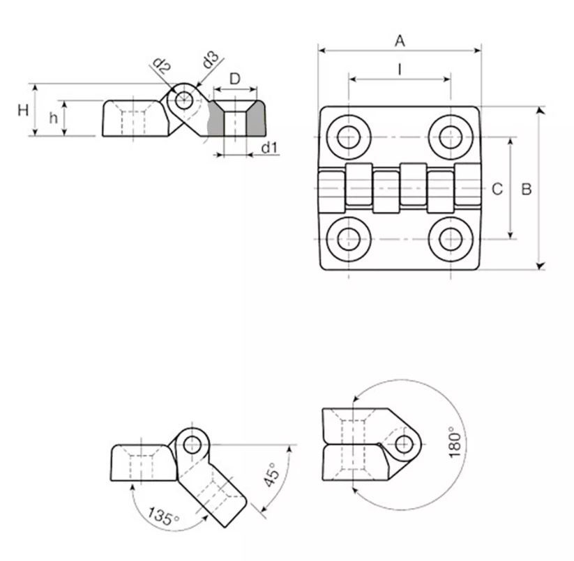 Opliggend kunststof scharnier PA 32x32 mm