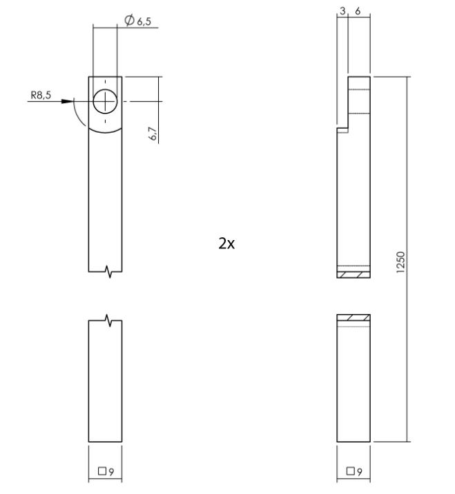 Set kruk-espagnolet rechts T-recht incl stangenset 2x 1245mm rvs zwart