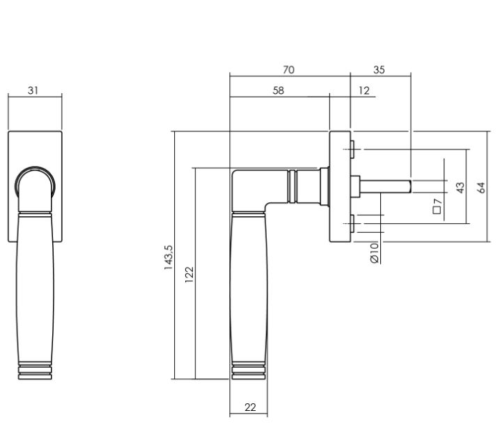 Raamkruk Ton 212 op stalen rechthoekige rozet RVS