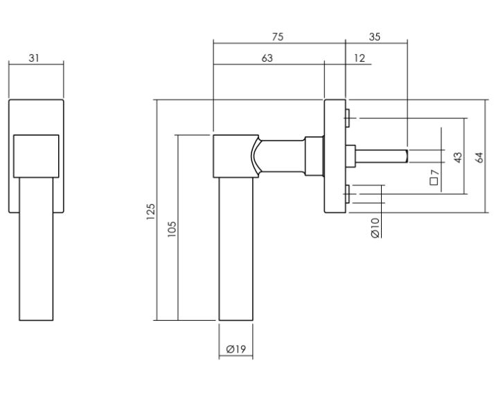 Raamkruk L-vorm recht op stalen rechthoekige rozet rvs