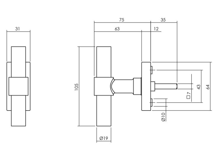 Raamkruk T-vorm recht op stalen rechthoekige rozet rvs