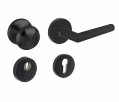 Set voordeurbeslag rond voordeurknop, SKG rozetten en deurkruk/rozet rvs mat zwart