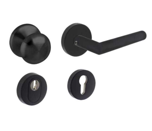 Set voordeurbeslag rond voordeurknop, SKG rozetten en deurkruk/rozet rvs mat zwart
