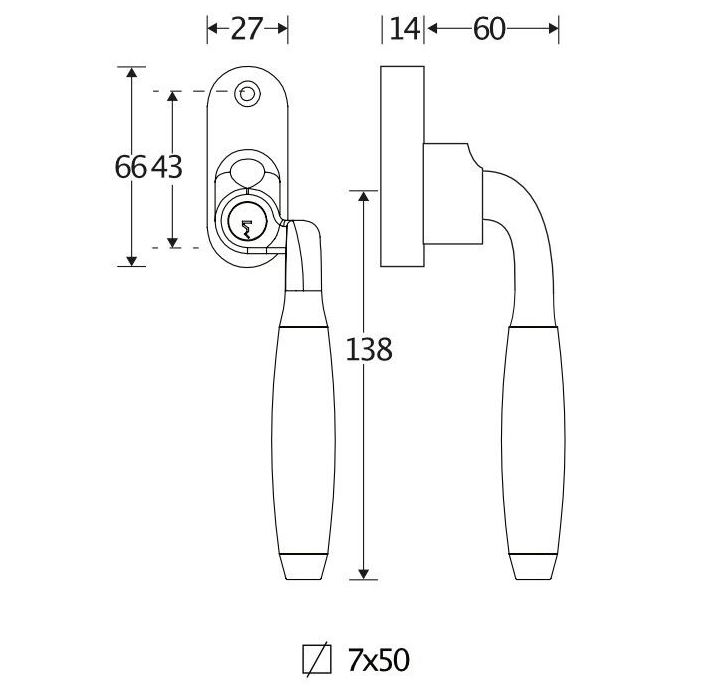 SKG2 Draaikiepgarnituur afsluitbaar Ton ebben/Smal Links mat nikkel ongelakt