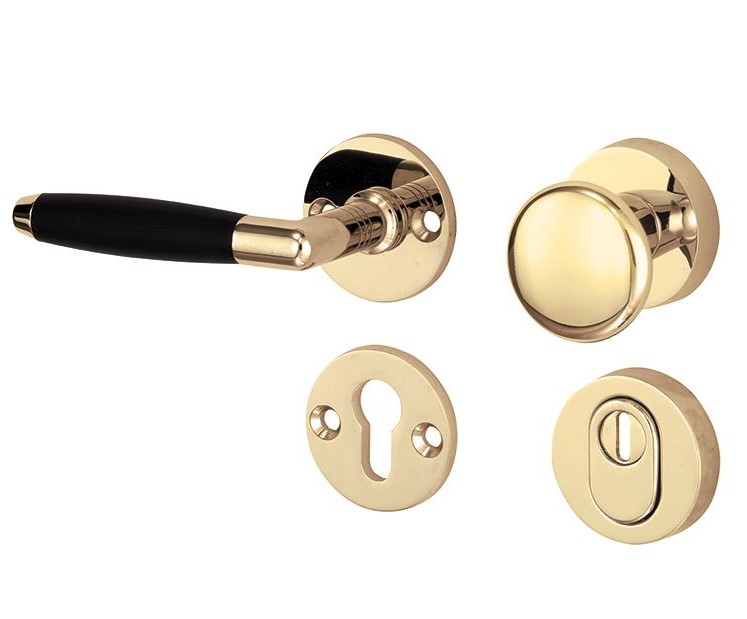 SKG3 knop/kruk op rozet Ton Links + kerntrekbeveiliging messing gelakt/messing PVD