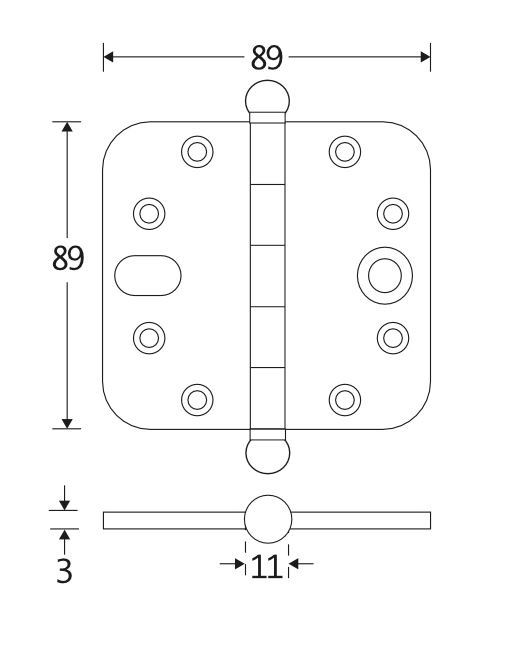 Kogellagerscharnier SKG3 89x89 ronde hoek bol messing PVD
