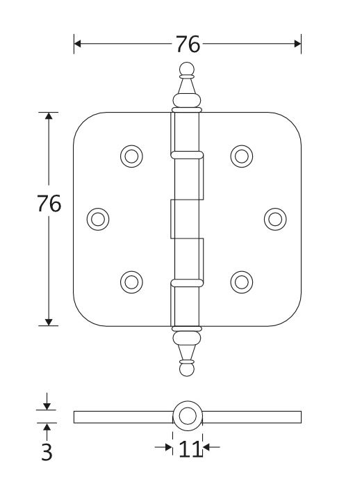 Kogellagerscharnier 76x76 ronde hoek vaas messing gelakt