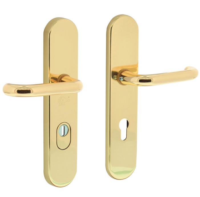 Veiligheidsbeslag PC72 ovaal kruk/kruk SKG*** met kerntrekbeveiliging messing gelakt