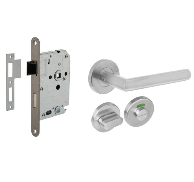 Intersteel deurbeslag set WC-Slot 63/8 mm RVS + Deurkruk hoek 90° RVS + WC-Sluiting