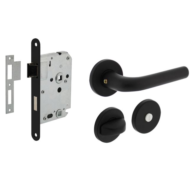 Intersteel deurbeslag set WC-Slot 63/8 mm zwart + deurklink Eucla met rozet zwart + wc-sluiting