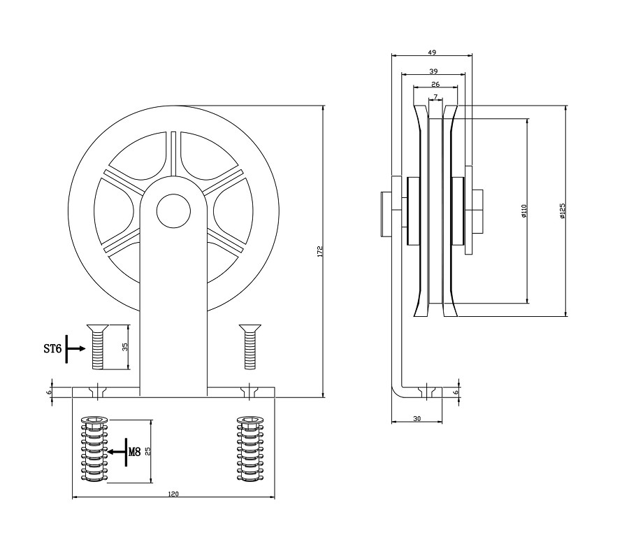 Intersteel set van 2 rollers spaakwiel 170 mm tbv schuifdeursysteem incl. bevestiging mat zwart - Afbeelding 2