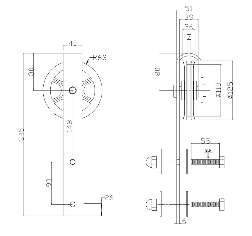 Intersteel set van 2 rollers spaakwiel tbv schuifdeursysteem incl. bevestiging mat zwart - Afbeelding 2