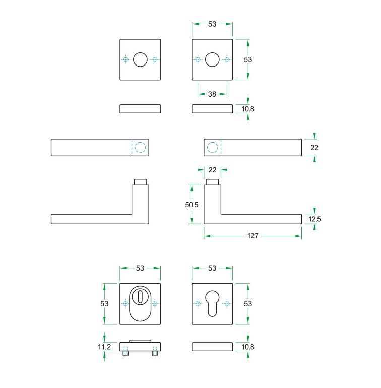 SKG3 kruk/kruk Quattro op vierkant rozet + kerntrekbeveiliging RVS