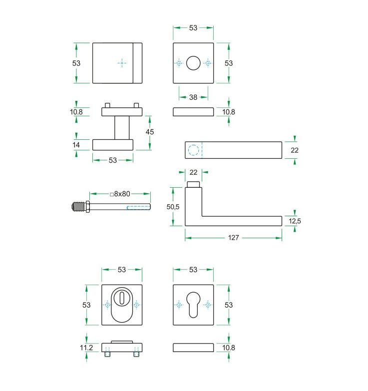 SKG3 knop/kruk Quattro op vierkant rozet rechts + kerntrekbeveiliging RVS