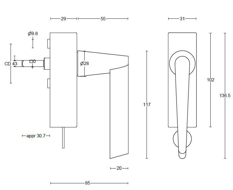 Draaikiepgarnituur CONE OH102DKLOCK mat rvs