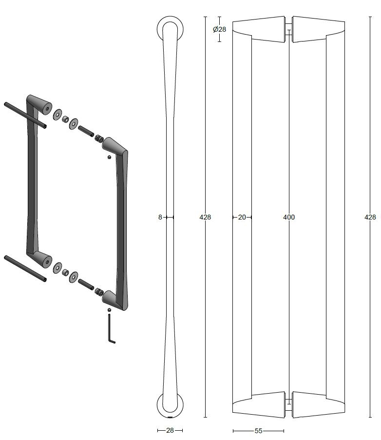Set deurgrepen CONE OH400PA mat rvs