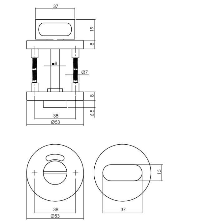 WC-sluiting 8mm verdekt met nokken ø53x8mm rvs Antraciet Grijs