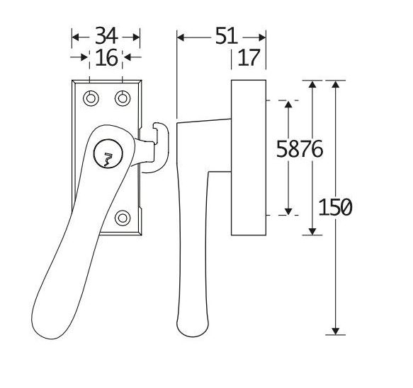 SKG Raamsluiting Met Sluitplaat Links Linea messing antiek