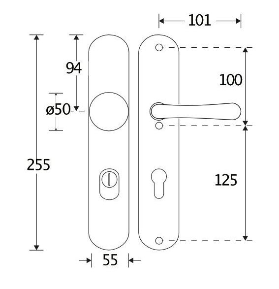 SKG3 PC55 knop/kruk op ovaal schild Linea Rechts + kerntrekbeveiliging mat nikkel/mat nikkel PVD