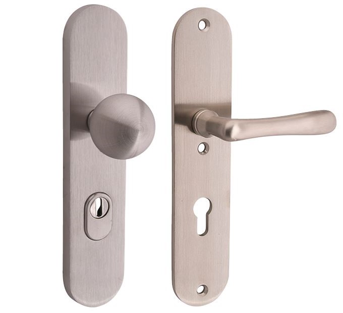 SKG3 PC55 knop/kruk op ovaal schild Linea Rechts + kerntrekbeveiliging mat nikkel/mat nikkel PVD