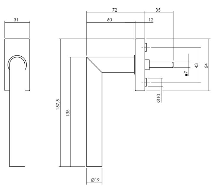 Intersteel raamkruk Jura op rechthoekig rozet rvs