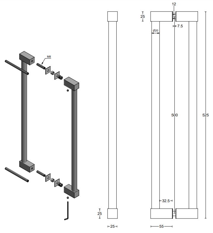 Set deurgrepen BOBBY EK500 PA 500 mm Mat RVS