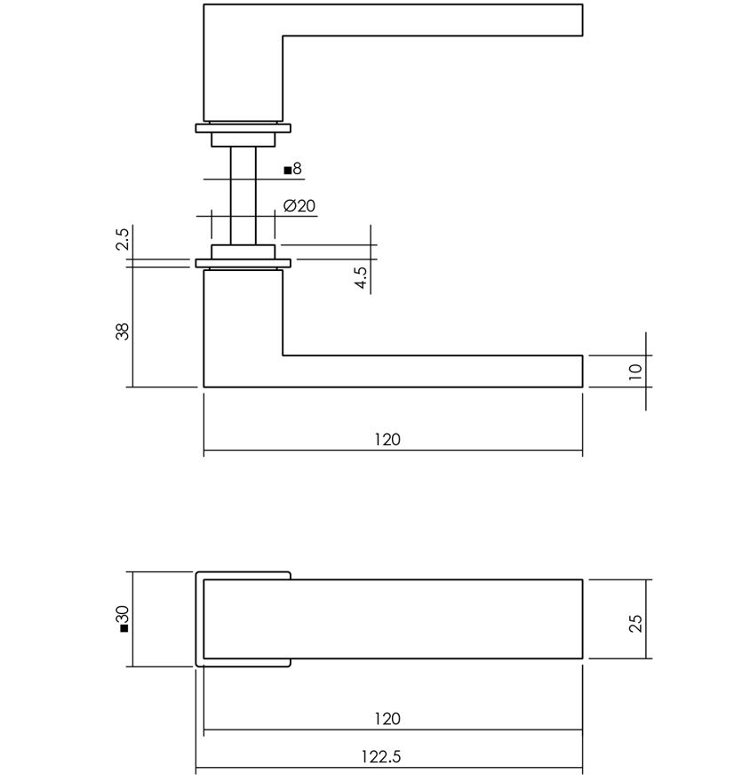 Deurkruk Amsterdam met platte vierkante rozetten zelfklevend 30x30mm RVS