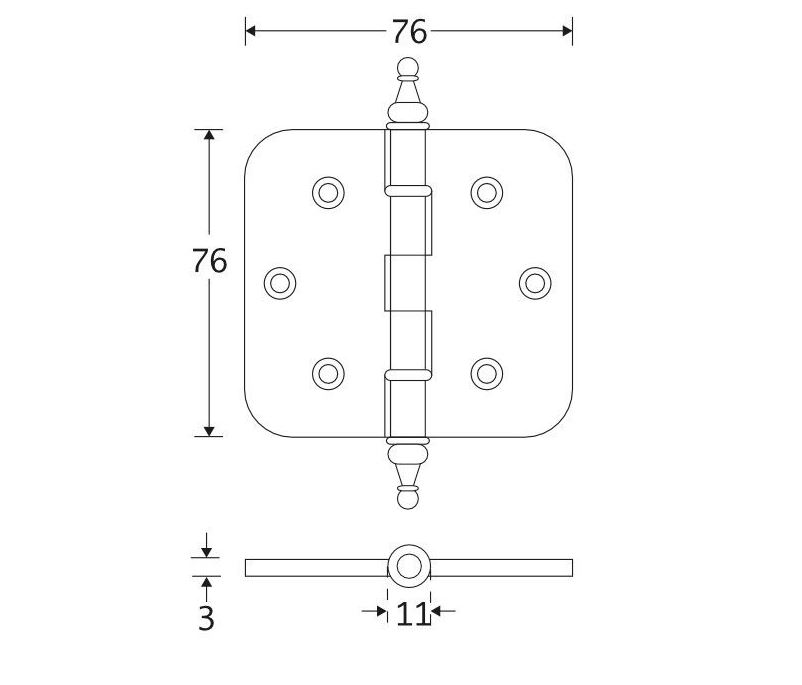 Kogellagerscharnier 76x76 ronde hoek vaas mat nikkel ongelakt