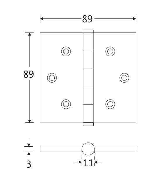 Kogellagerscharnier 89x89 rechte hoek vlak messing ongelakt