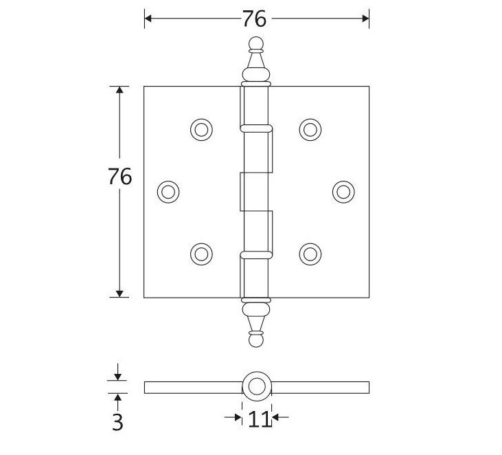Kogellagerscharnier 76x76 rechte hoek vaas messing gelakt