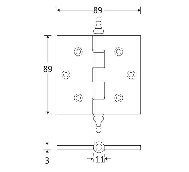 Kogellagerscharnier 89x89 rechte hoek vaas messing ongelakt